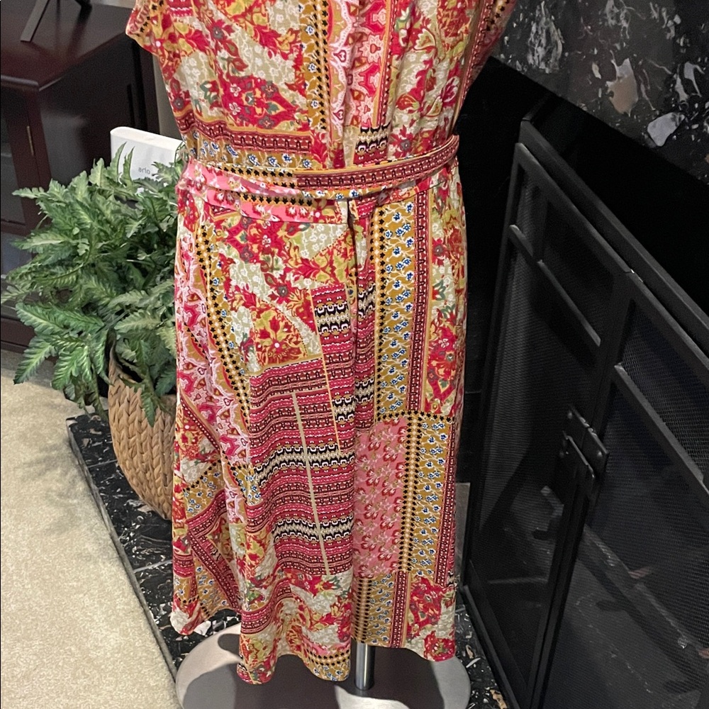 Tacera Pink Patchwork Print Sleeveless Belted Midi Dress - Picture 11 of 11